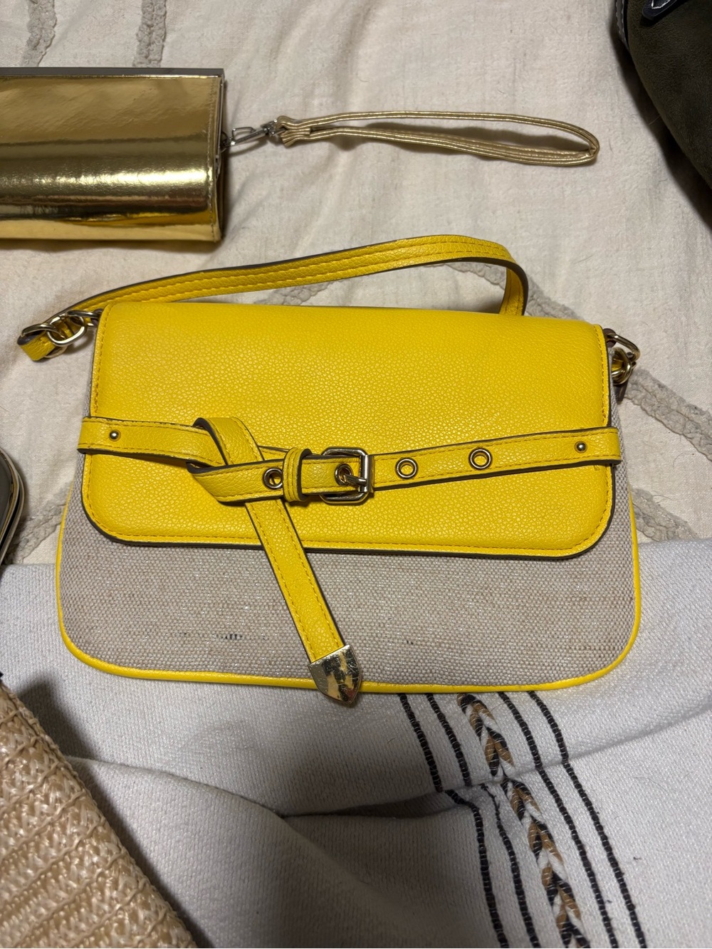 Anne Klein Yellow Pebbled Flap Crossbody with Canvas Body